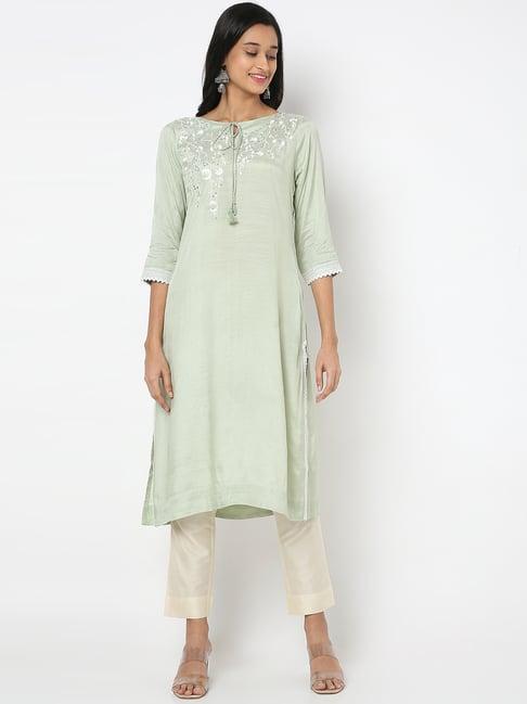 nylangan green embroidered straight kurta