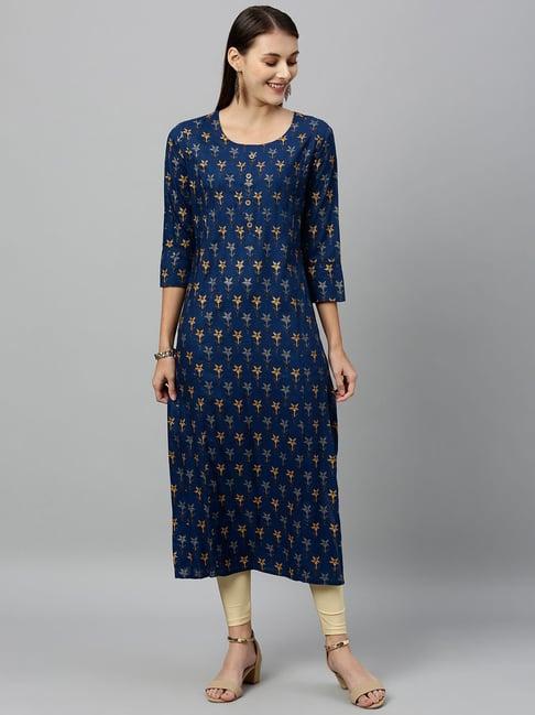 kipek navy floral print straight kurta