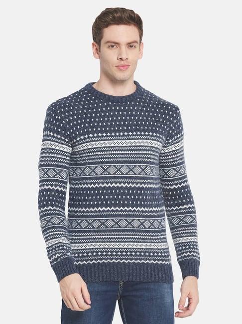 mettle navy regular fit printed sweater