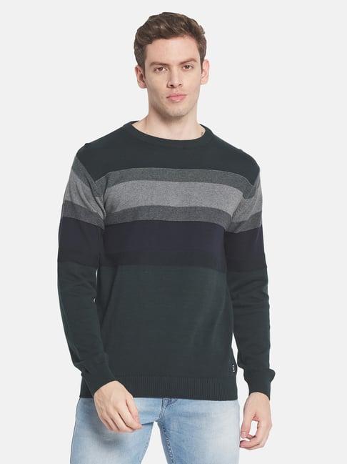 mettle green cotton regular fit striped sweater