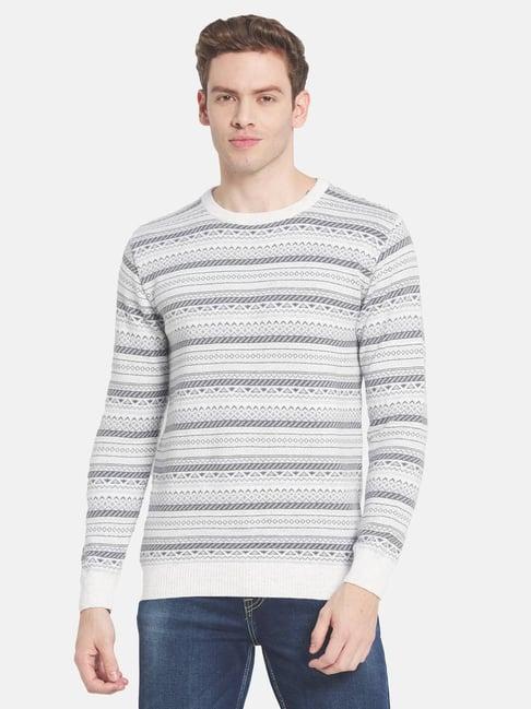 mettle white cotton regular fit striped sweater