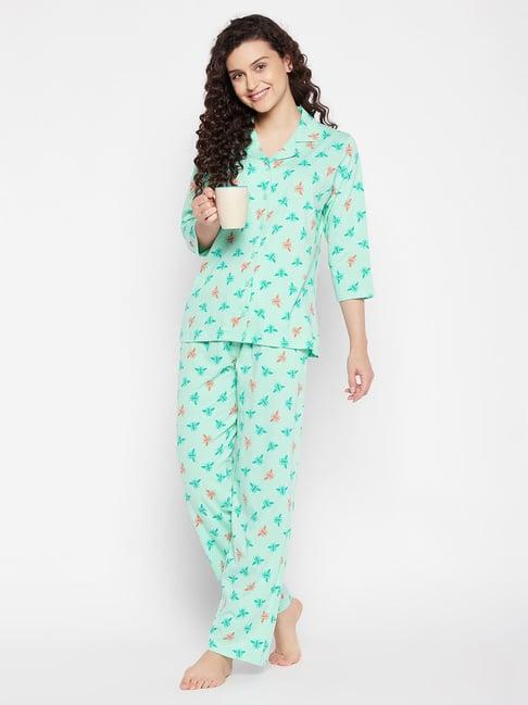 clovia mint cotton printed shirt with pyjamas