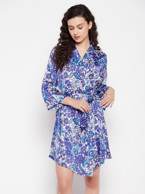 clovia blue & white floral print robe