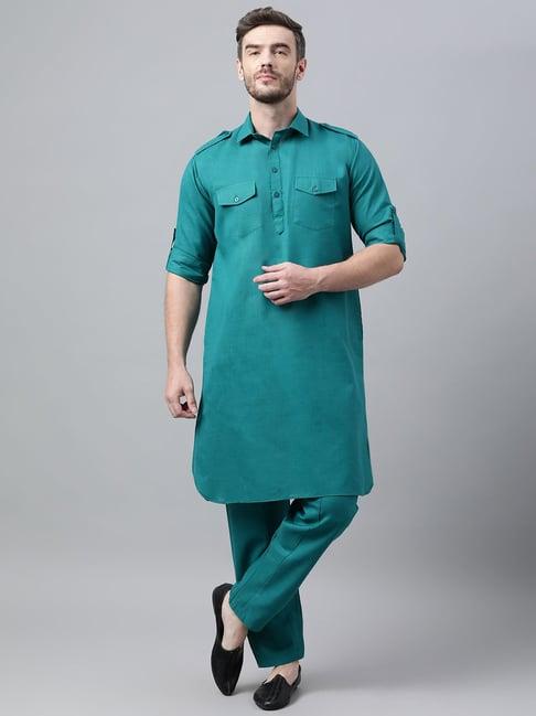 hangup dark green regular fit solid pathani kurta with pyjamas