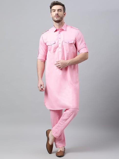 hangup pink regular fit solid pathani kurta with pyjamas