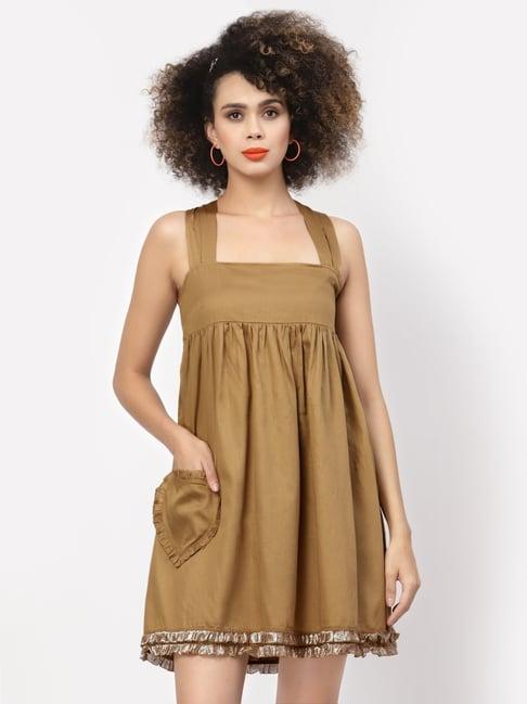 lela beige cotton square neck a-line dress