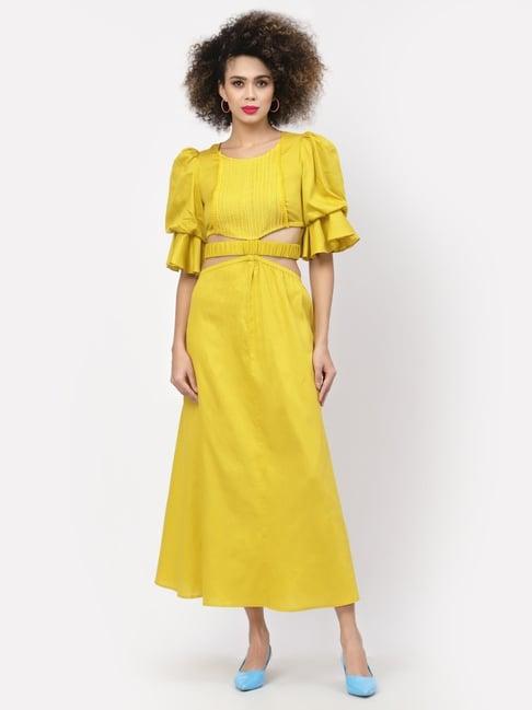 lela yellow cotton round neck maxi dress