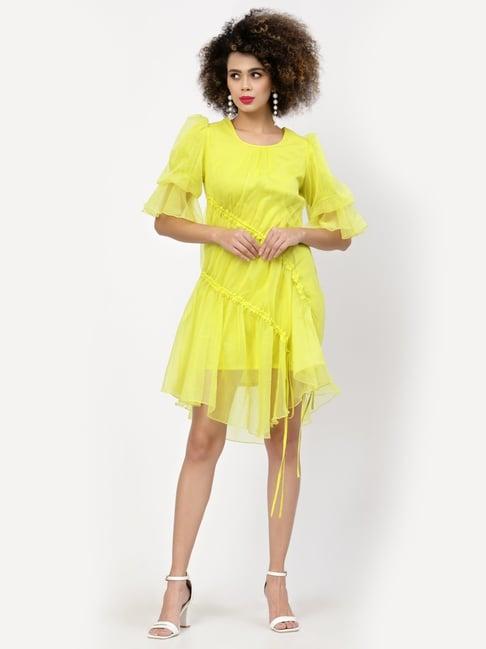 lela yellow elbow sleeves assymetric dress