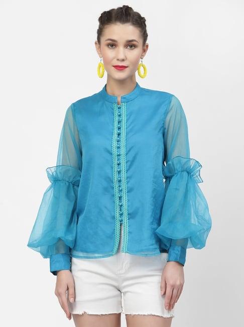 lela blue mandarin collar top