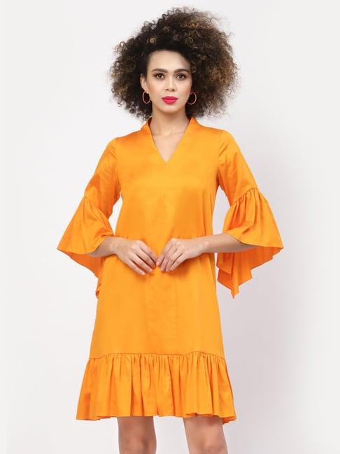 lela orange cotton v neck a-line dress