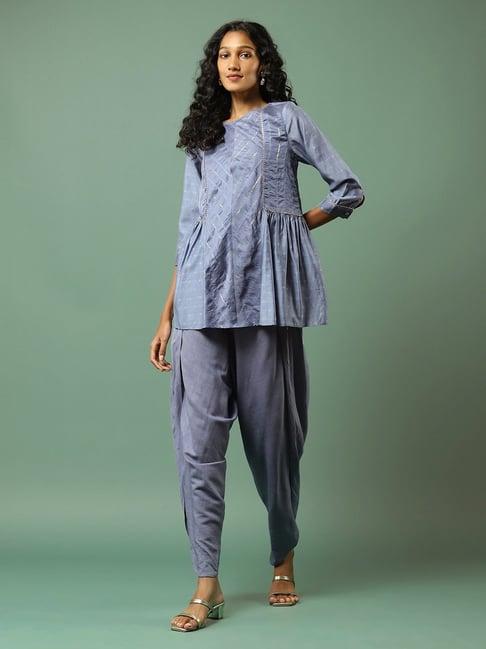 aarke ritu kumar blue top with dhoti striped pants