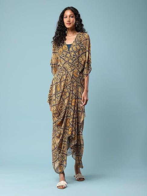 aarke ritu kumar light brown printed wrap dress with inner slip