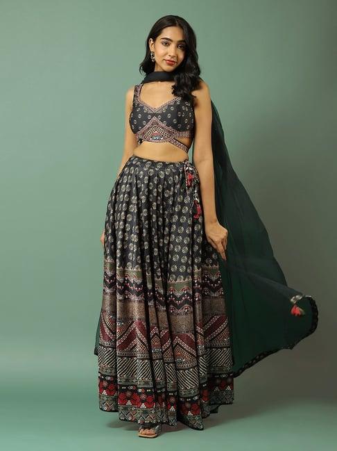 aarke ritu kumar dark green printed lehenga choli set with duppatta