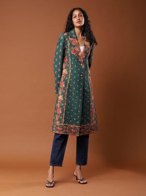 aarke ritu kumar green floral print coat