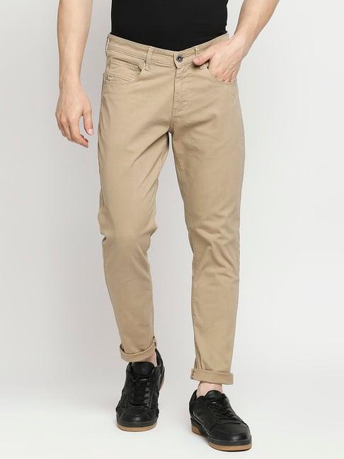 spykar khaki slim fit flat front trousers