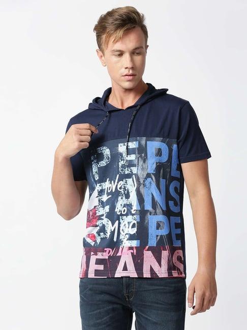 pepe jeans blue cotton slim fit printed hooded t-shirts