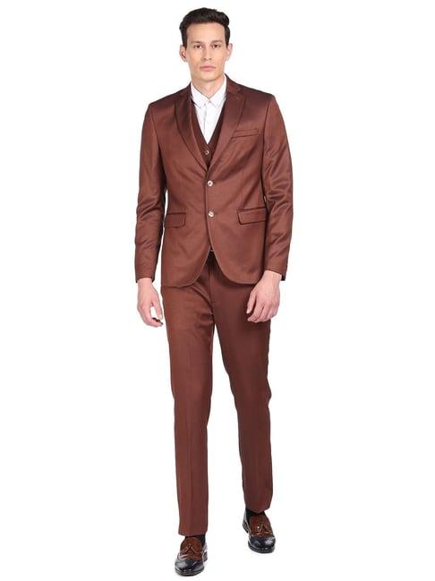 arrow brown regular fit self pattern three piece suit