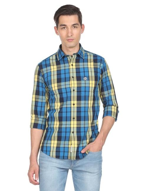 u.s. polo assn. yellow and blue cotton regular fit checks shirt