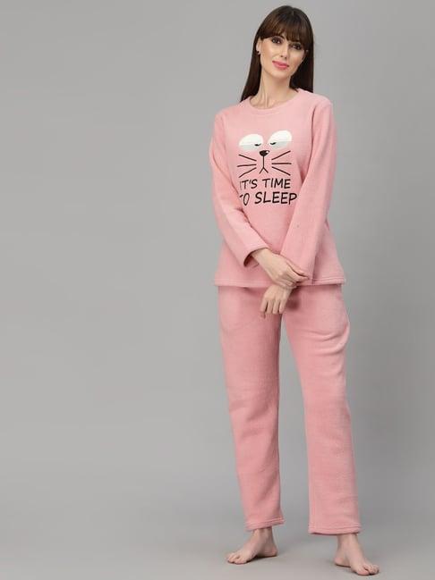 sweet dreams pink fleece printed winterwear top with pyjamas