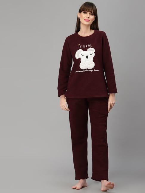 sweet dreams wine fleece printed winterwear top with pyjamas