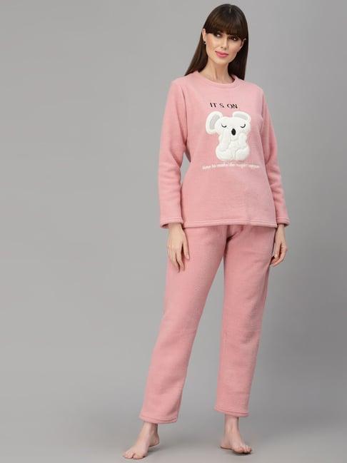 sweet dreams pink fleece printed winterwear top with pyjamas