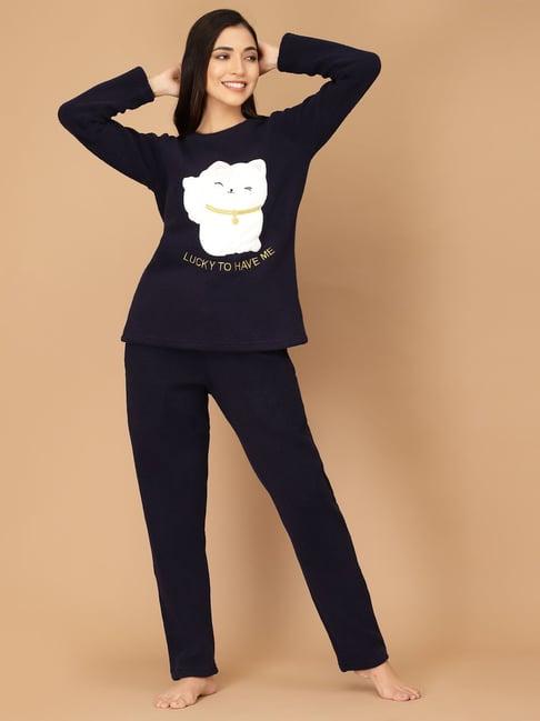 sweet dreams navy fleece printed winterwear top with pyjamas