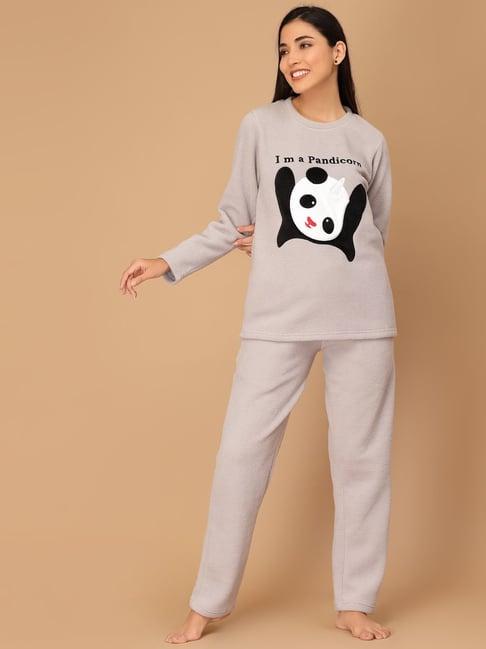 sweet dreams grey fleece printed winterwear top with pyjamas