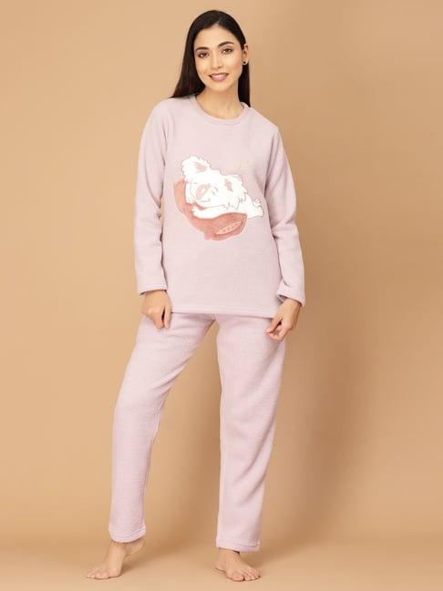 sweet dreams lavender fleece printed winterwear top with pyjamas