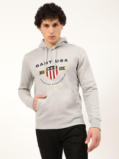 gant grey slim fit embroidered hooded sweatshirt