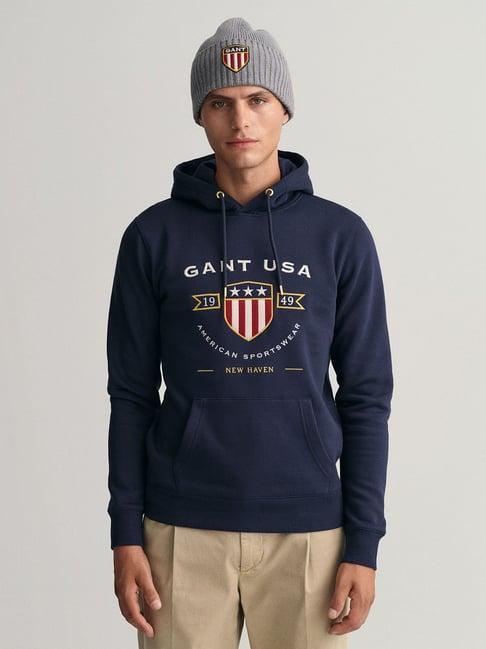 gant navy regular fit embroidered hooded sweatshirt