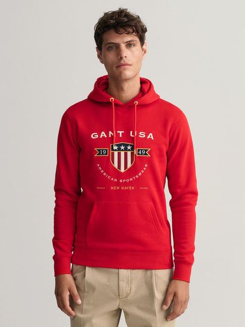 gant red regular fit embroidered hooded sweatshirt