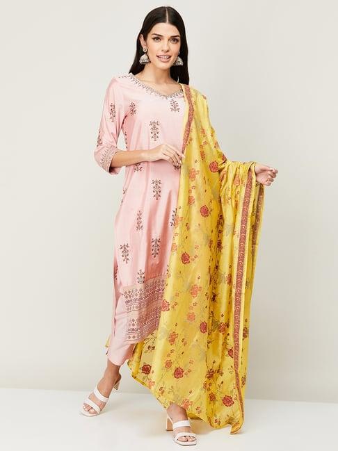 melange by lifestyle pink printed kurta pant set with dupatta