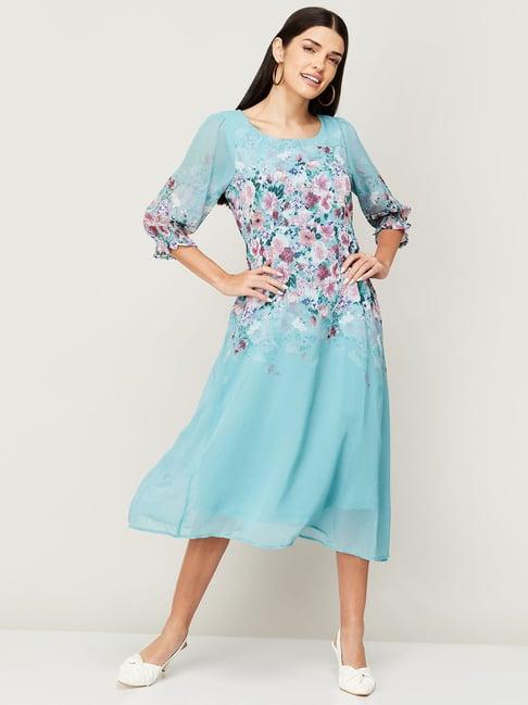 code by lifestyle blue floral print a-line dress