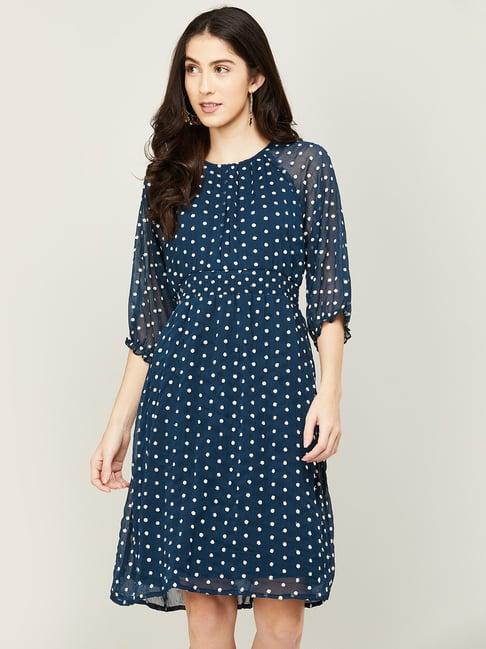 code by lifestyle teal blue & white polka dots a-line dress