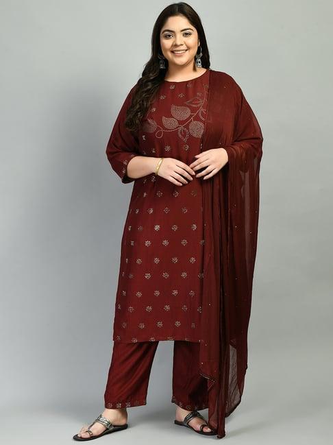 prettyplus by desinoor.com maroon embellished kurta pant set with dupatta