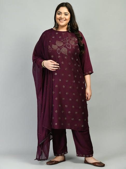 prettyplus by desinoor.com purple embellished kurta pant set with dupatta