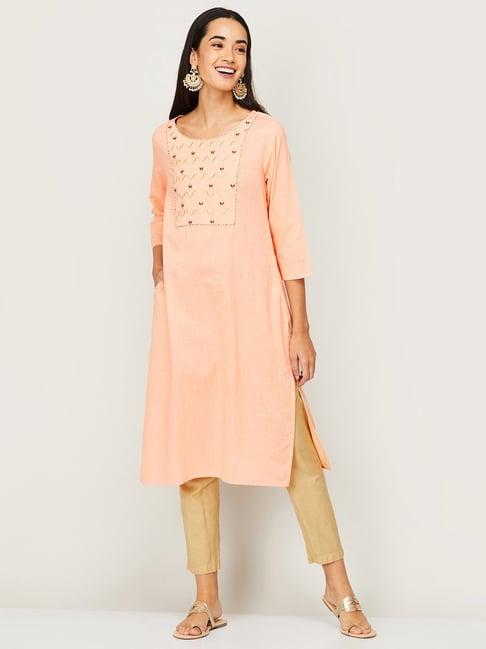 melange by lifestyle peach cotton embroidered straight kurta