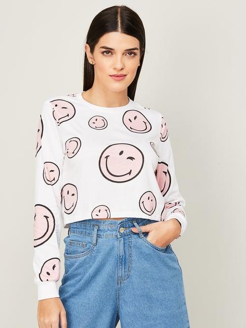 smileyworld white & pink cotton printed sweatshirt