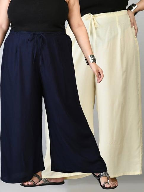 prettyplus by desinoor.com navy & off-white palazzos