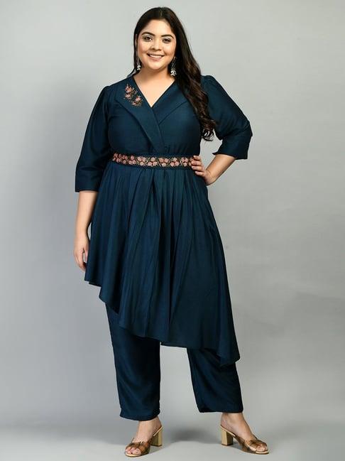 prettyplus by desinoor.com blue embellished kurta pant set