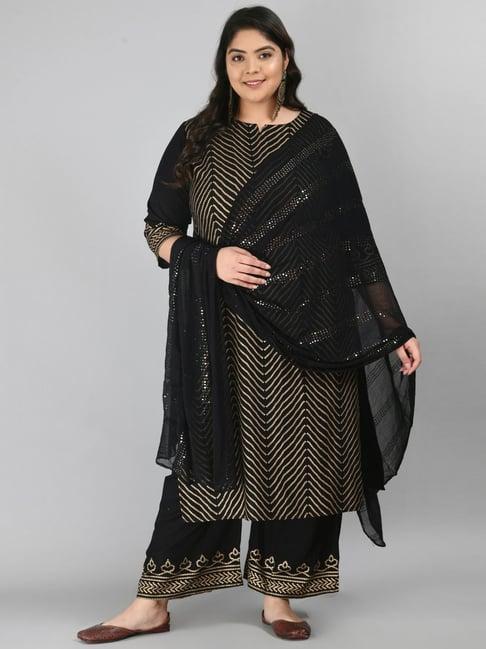 prettyplus by desinoor.com black printed kurta pant set with dupatta