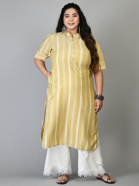 prettyplus by desinoor.com yellow & white printed kurta palazzo set