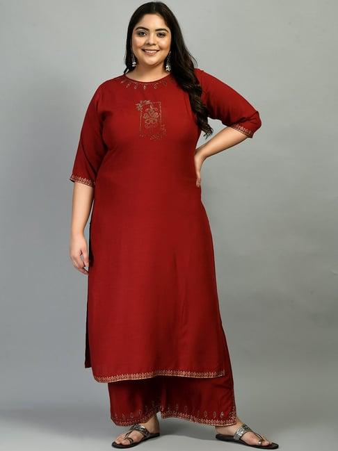 prettyplus by desinoor.com maroon embellished kurta palazzo set