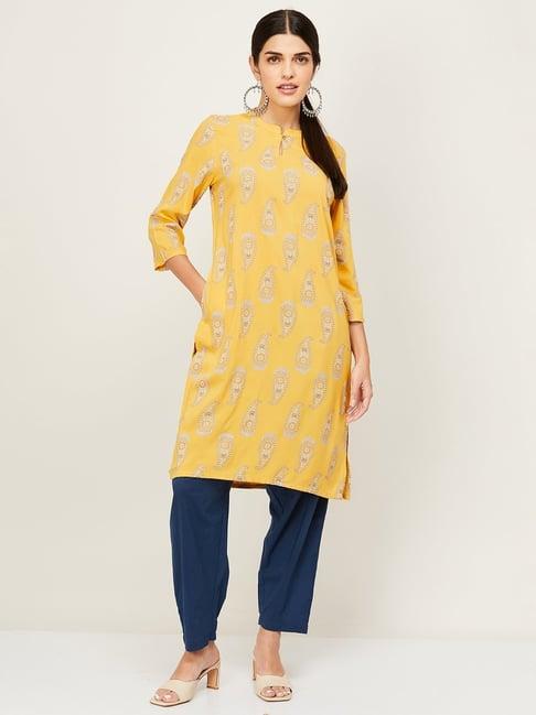 melange by lifestyle yellow paisley print straight kurta