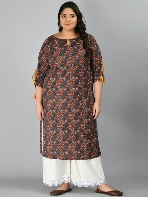 prettyplus by desinoor.com maroon cotton floral print straight kurta