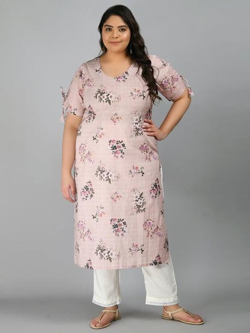 prettyplus by desinoor.com pink cotton floral print straight kurta