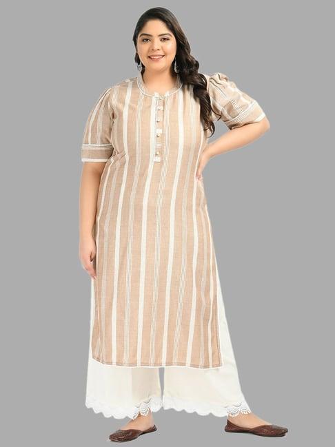 prettyplus by desinoor.com beige striped straight kurta