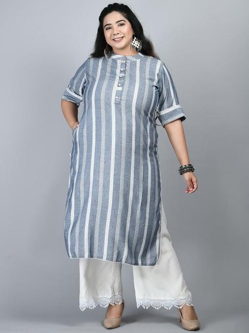 prettyplus by desinoor.com grey striped straight kurta