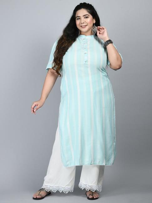 prettyplus by desinoor.com green striped straight kurta