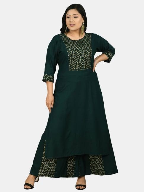 prettyplus by desinoor.com green geometric print kurta palazzo set